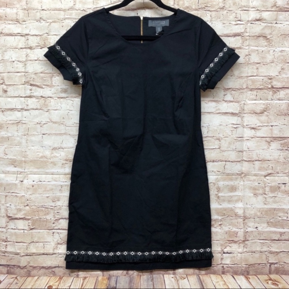 Coercion London Womens Shift Dress Size 4 Boho Fringe Trim Embroidered Black NWT
